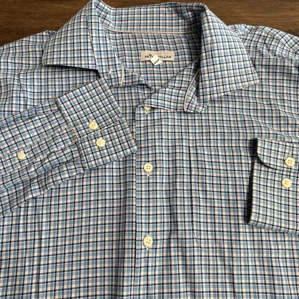 Peter Millar Blue Check Gingham Button Down Long Sleeve Plaid Shirt Mens XL